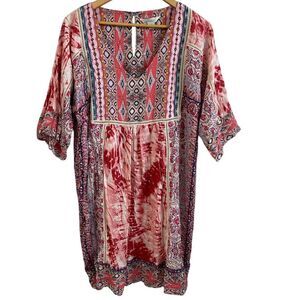 Sundance Wild Provence Boho Tie Dye Aztec Print Crochet Trim‎ Dress Pink Medium